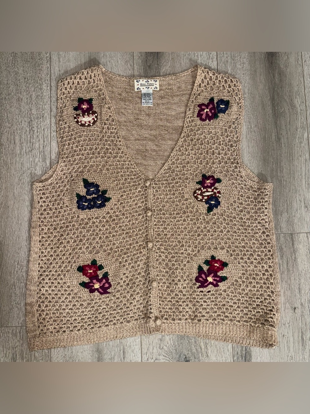 VTG 90s Gina Peters Crochet Sweater Vest Floral Embroidered Grandma Cottage Boho
